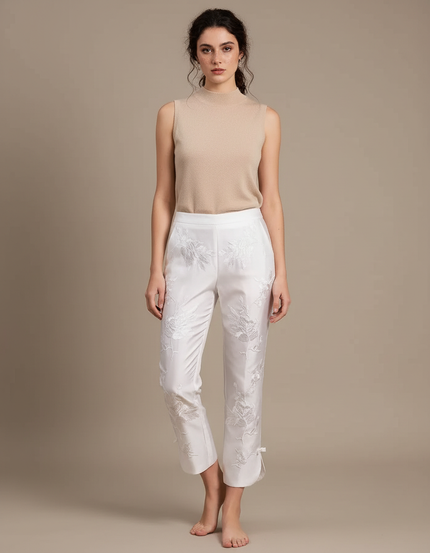 Pantalon Chinois Blanc Brodé Floral Élégant Femme - Satin