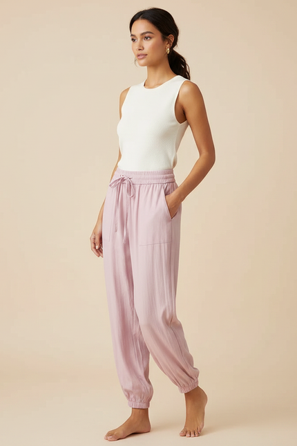 Pantalon Chinois Rose Fluide Cordon Chevilles Élastiquées Décontracté - Viscose