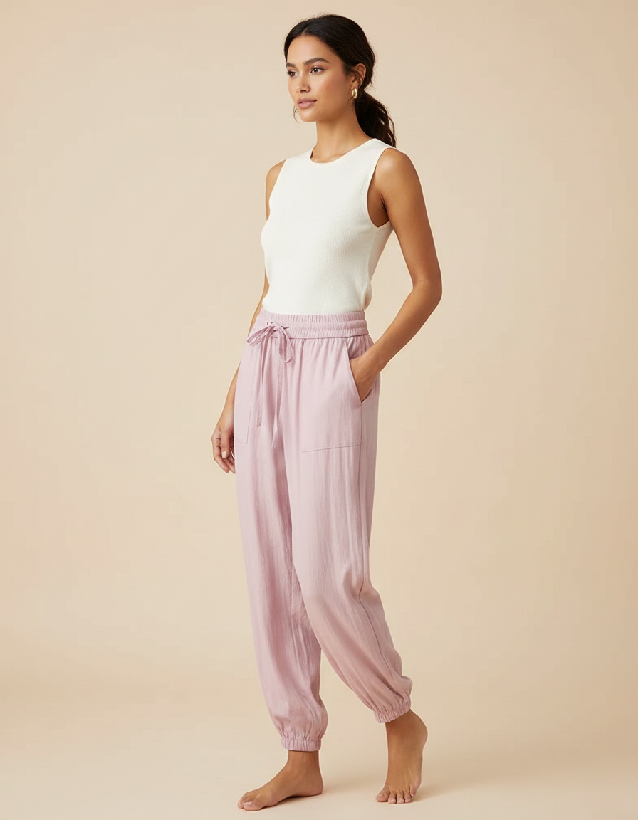 Pantalon Chinois Rose Fluide Cordon Chevilles Élastiquées Décontracté - Viscose