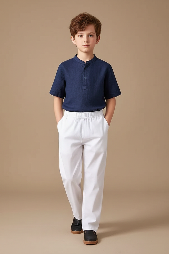 Pantalon Chinois Blanc Droit Décontracté Élastique Enfant - Lin