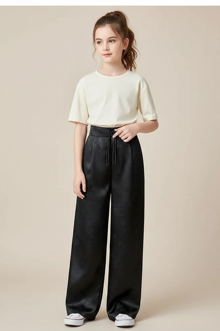 Pantalon Chinois Noir Satiné Ample Imprimé Fille