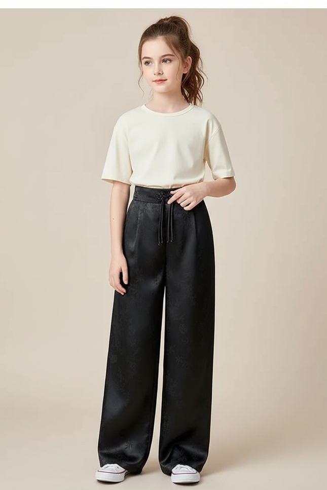 Pantalon Chinois Noir Satiné Ample Imprimé Fille
