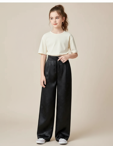 Pantalon Chinois Noir Satiné Ample Imprimé Fille