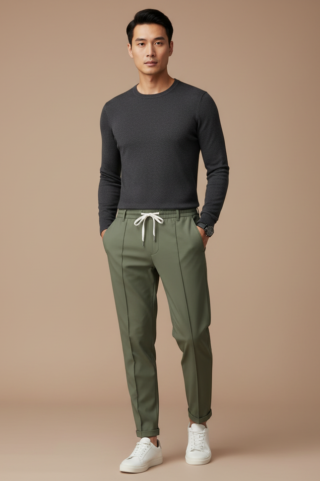 Pantalon Chinois Vert Kaki Droit Décontracté Cordon Homme - Polyester