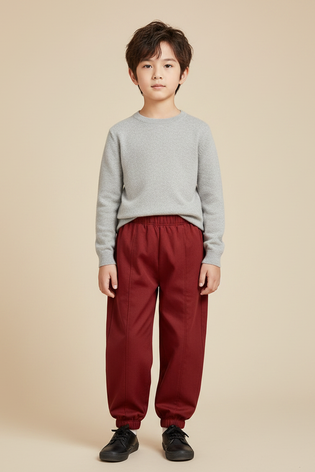 Pantalon Chinois Rouge Ample Hiver Élastique Garçon - Bordeaux Molleton