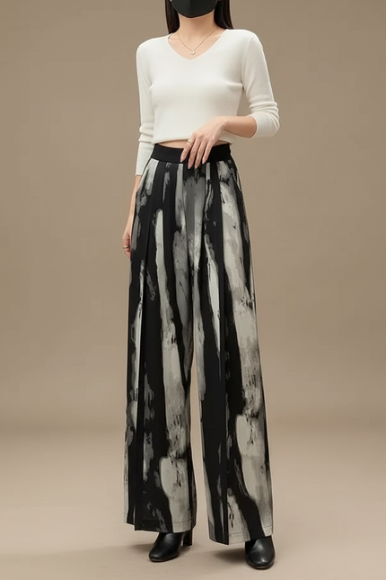 Pantalon Chinois Imprimé Encre Fluide Ample Élégant Femme - Polyester