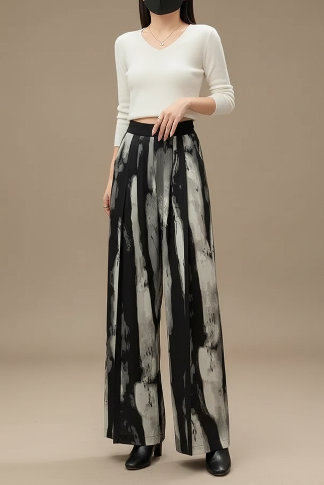 Pantalon Chinois Imprimé Encre Fluide Ample Élégant Femme - Polyester