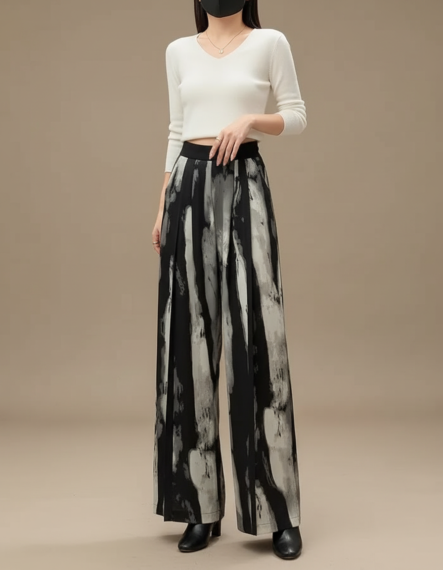 Pantalon Chinois Imprimé Encre Fluide Ample Élégant Femme - Polyester