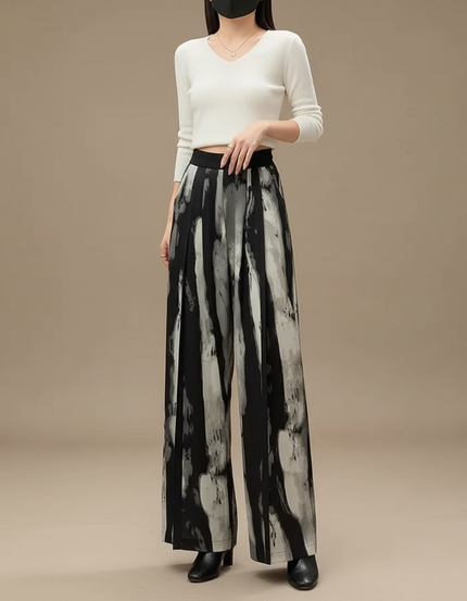 Pantalon Chinois Imprimé Encre Fluide Ample Élégant Femme - Polyester