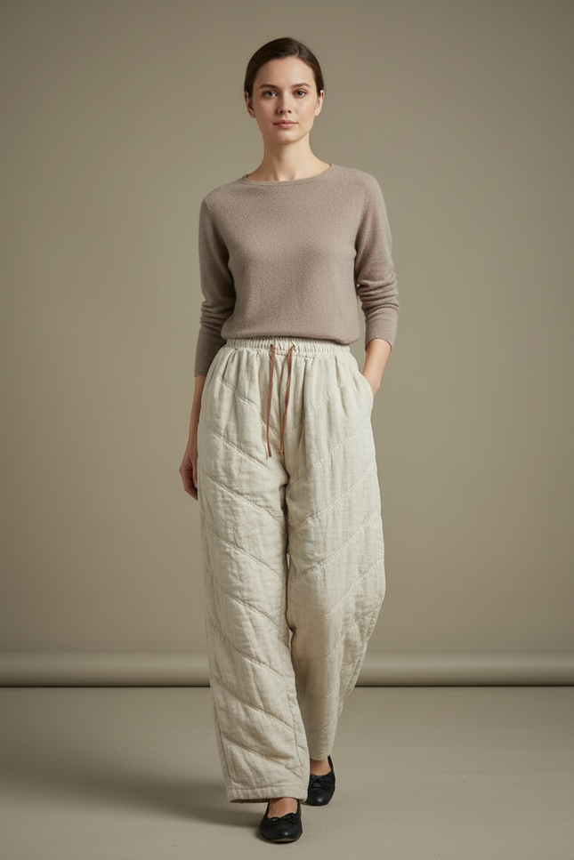 Pantalon Chinois Matelassé Écru Ample Coton Lin - Beige