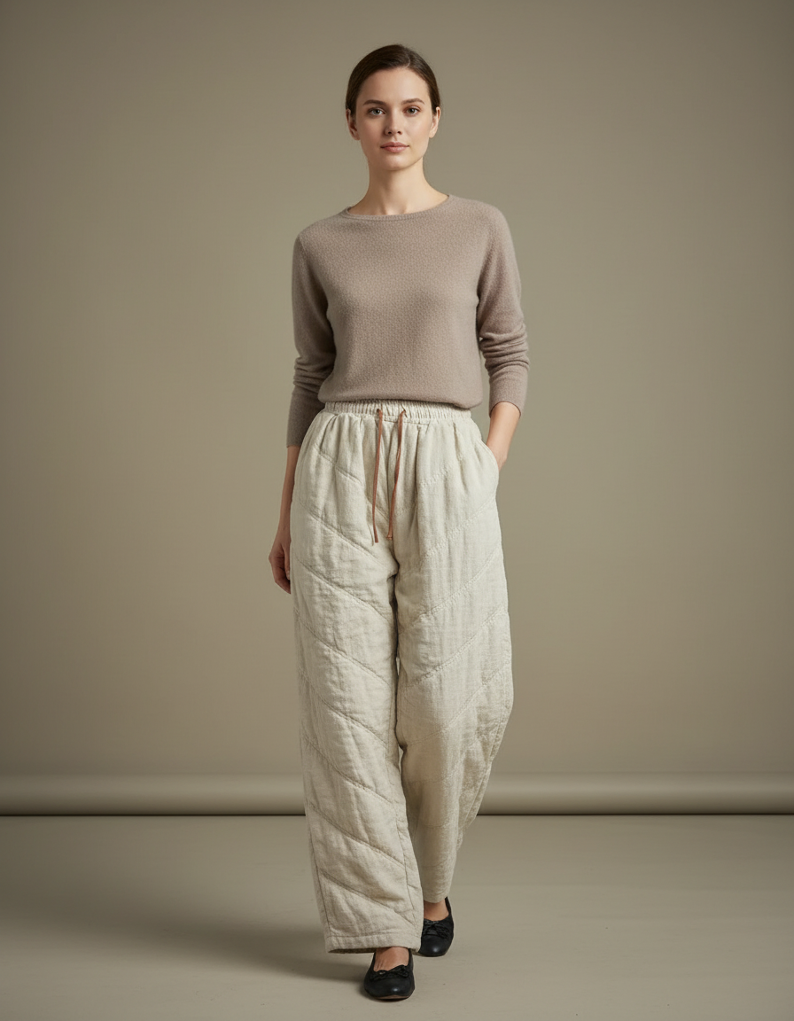 Pantalon Chinois Matelassé Écru Ample Coton Lin - Beige