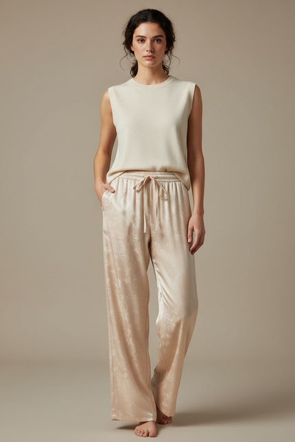 Pantalon Chinois Satin Beige Jacquard Ample Fluide Femme