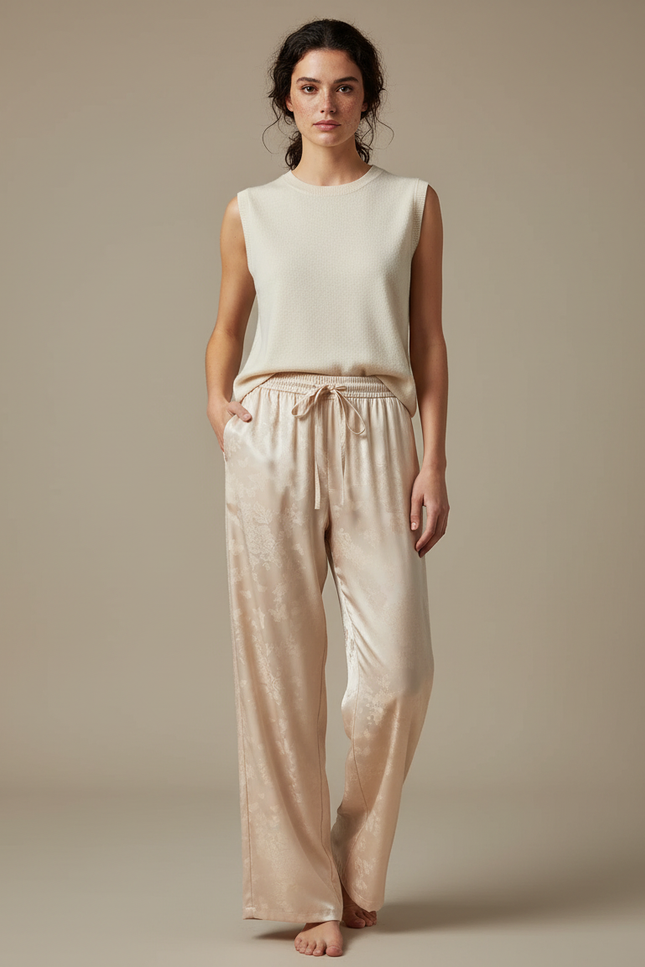 Pantalon Chinois Satin Beige Jacquard Ample Fluide Femme