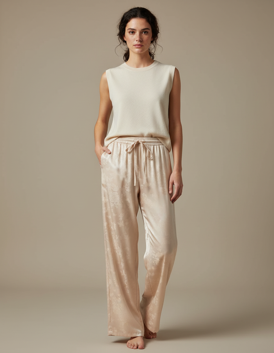 Pantalon Chinois Satin Beige Jacquard Ample Fluide Femme