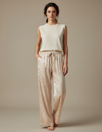 Pantalon Chinois Satin Beige Jacquard Ample Fluide Femme
