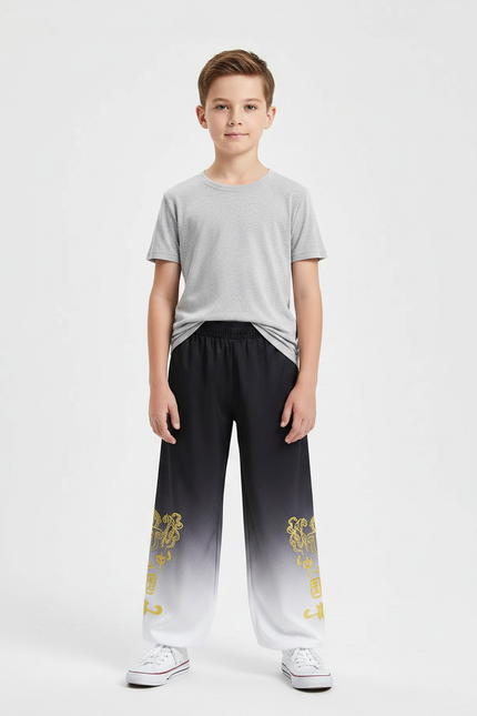 Pantalon Chinois Dégradé Noir Blanc Brodé Doré Ample Garçon - Multicolore Polyester
