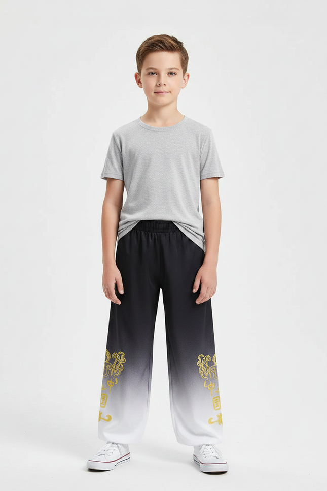 Pantalon Chinois Dégradé Noir Blanc Brodé Doré Ample Garçon - Multicolore Polyester