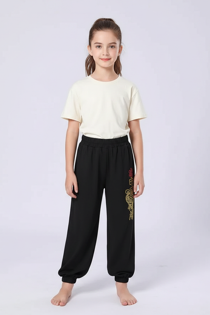 Pantalon Chinois Noir Ample Brodé Fille - Molleton