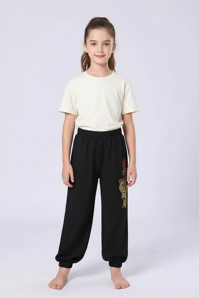 Pantalon Chinois Noir Ample Brodé Fille - Molleton