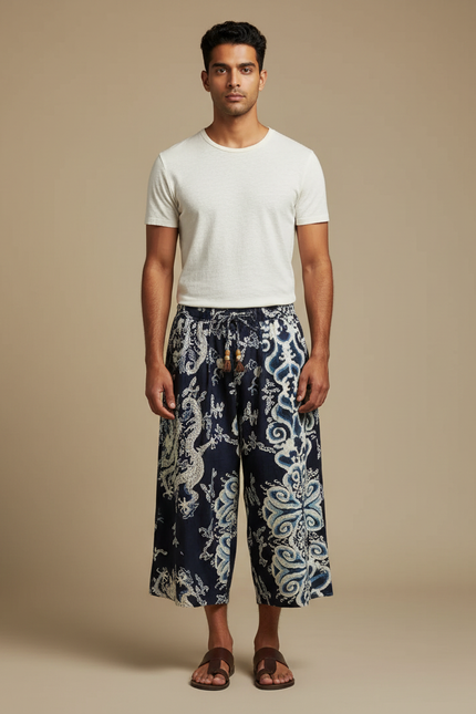 Pantalon Chinois Bleu Marine Ample Dragon Imprimé Homme - Coton