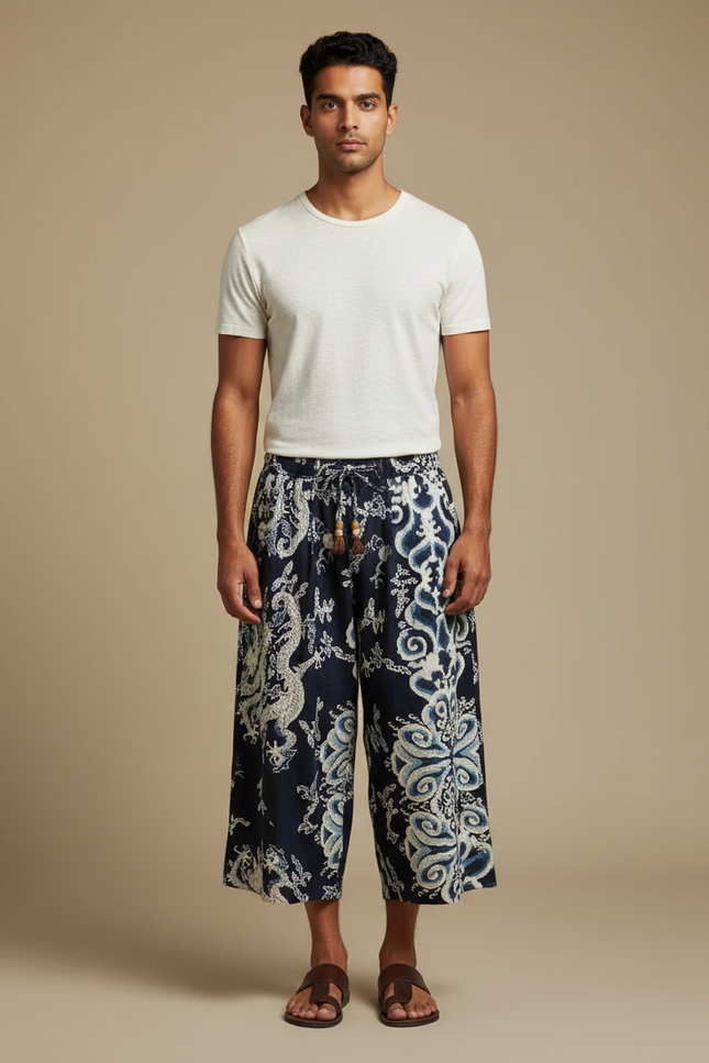Pantalon Chinois Bleu Marine Ample Dragon Imprimé Homme - Coton