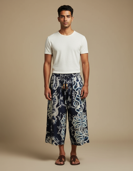 Pantalon Chinois Bleu Marine Ample Dragon Imprimé Homme - Coton
