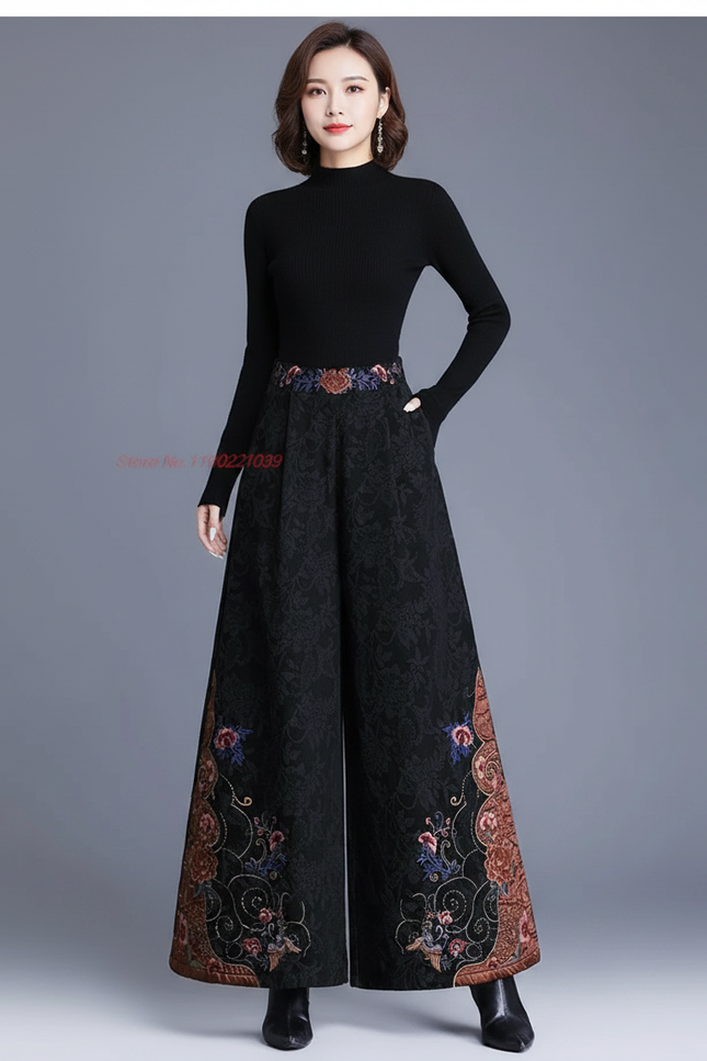 Pantalon Chinois Noir Brodé Jacquard Ample Ethnique Femme - Polyester