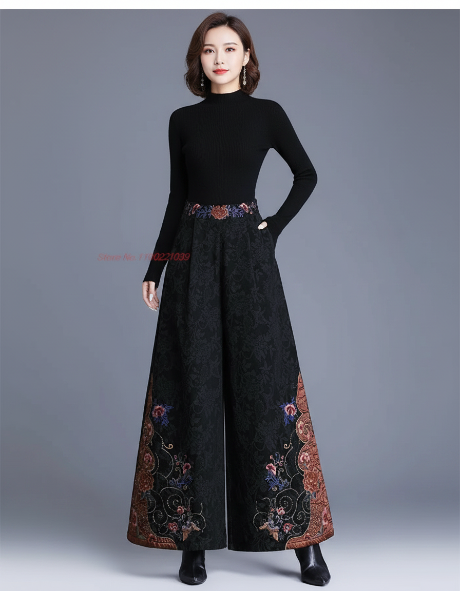 Pantalon Chinois Noir Brodé Jacquard Ample Ethnique Femme - Polyester