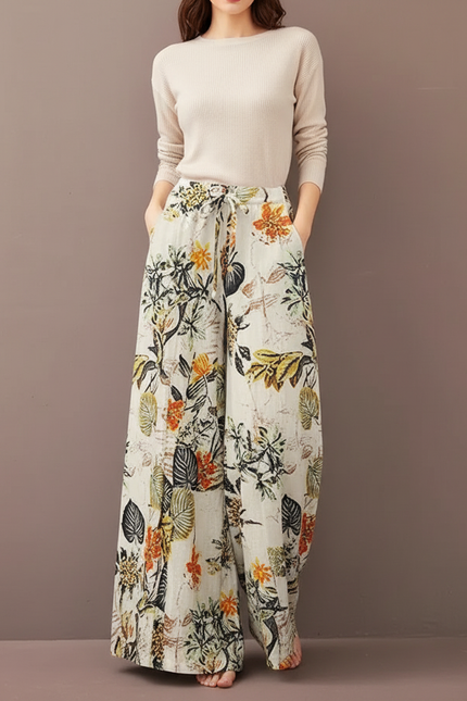 Pantalon Chinois Floral Ample Fluide Bohème Cordon - Imprimé Lin
