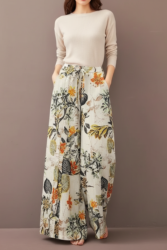 Pantalon Chinois Floral Ample Fluide Bohème Cordon - Imprimé Lin