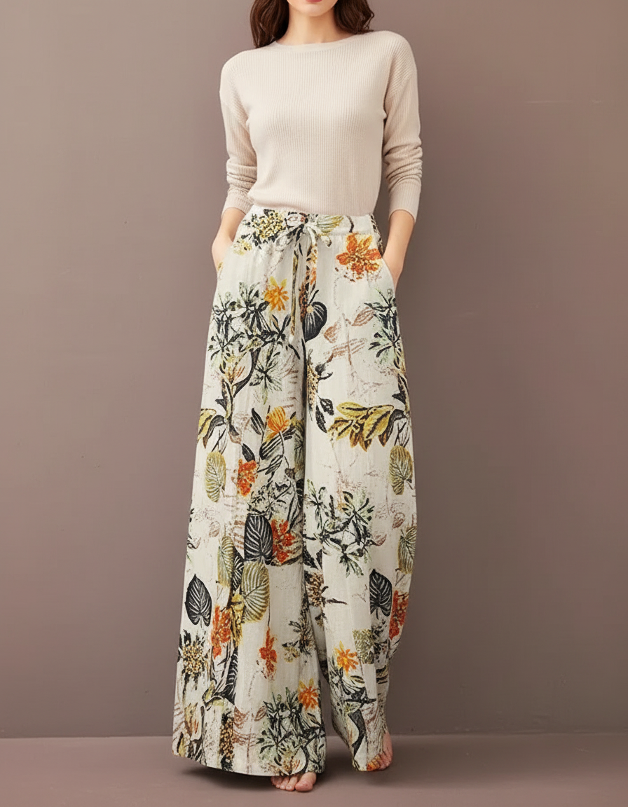 Pantalon Chinois Floral Ample Fluide Bohème Cordon - Imprimé Lin