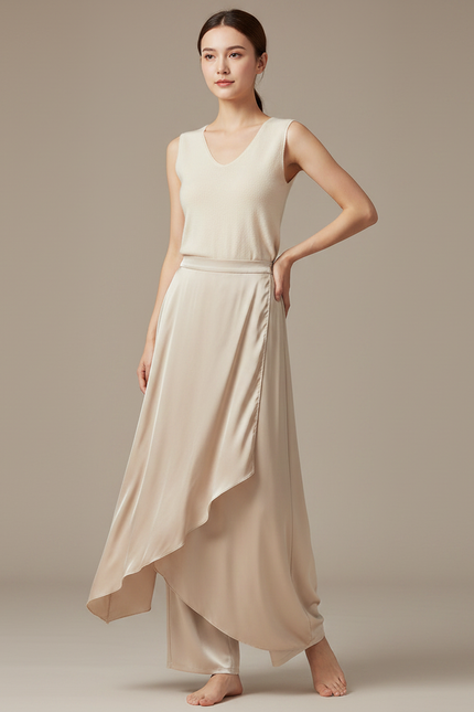 Pantalon Chinois Satiné Fluide Ample Élégant Beige