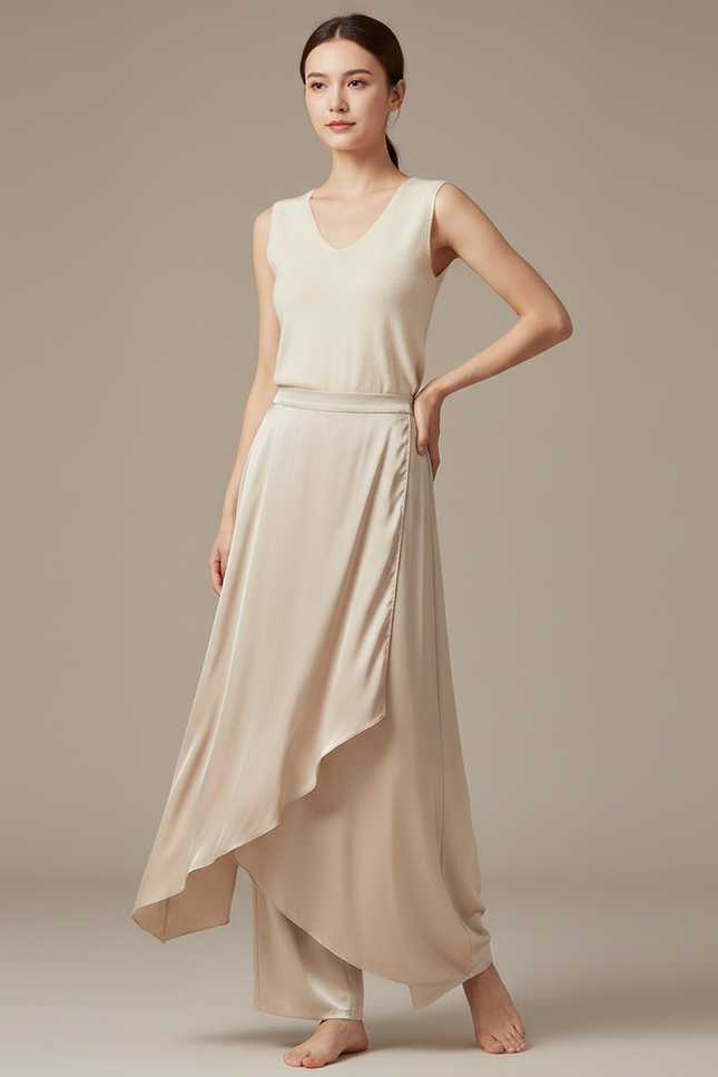 Pantalon Chinois Satiné Fluide Ample Élégant Beige