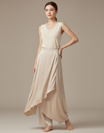 Pantalon Chinois Satiné Fluide Ample Élégant Beige