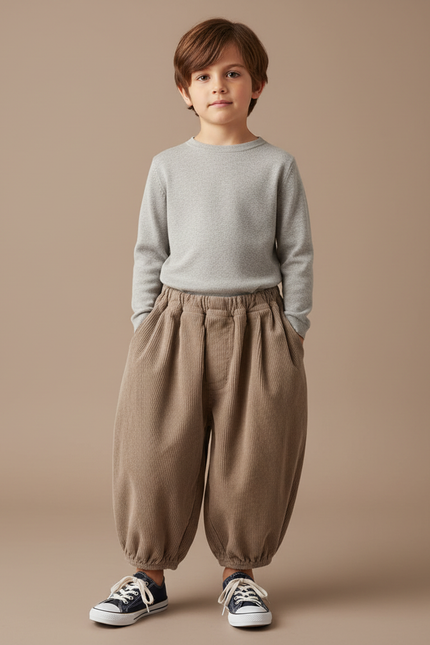 Pantalon Chinois Marron Côtelé Ample Enfant Rétro - Cordé