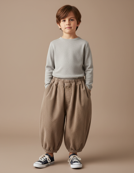 Pantalon Chinois Marron Côtelé Ample Enfant Rétro - Cordé
