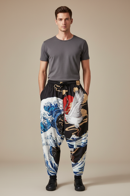 Pantalon Chinois Noir Ample Imprimé Vague Grue - Polyester