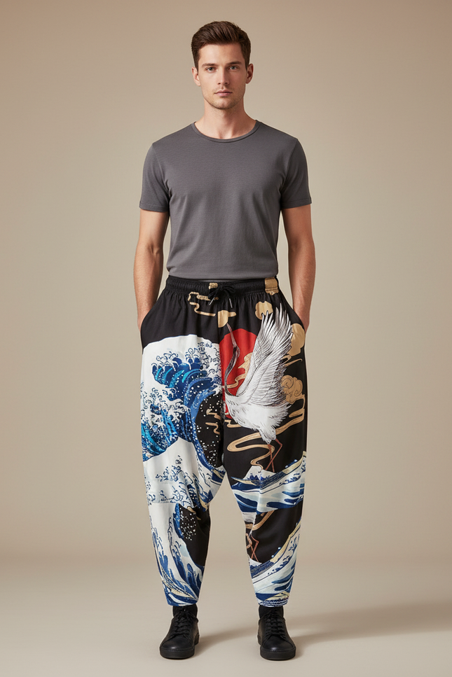 Pantalon Chinois Noir Ample Imprimé Vague Grue - Polyester