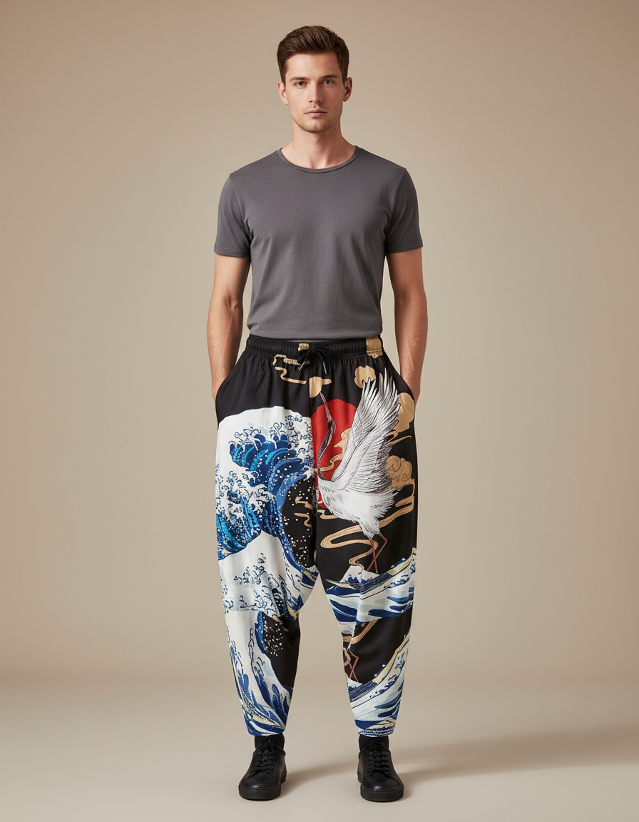 Pantalon Chinois Noir Ample Imprimé Vague Grue - Polyester