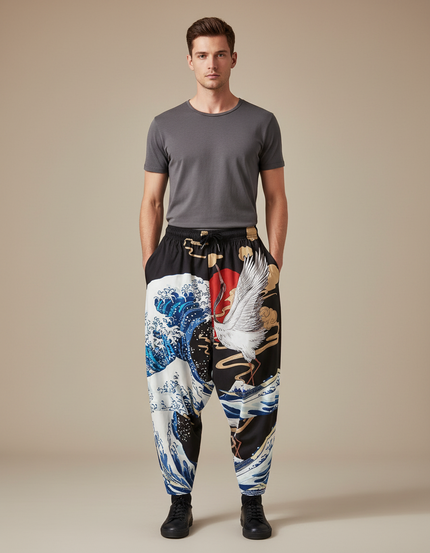 Pantalon Chinois Noir Ample Imprimé Vague Grue - Polyester