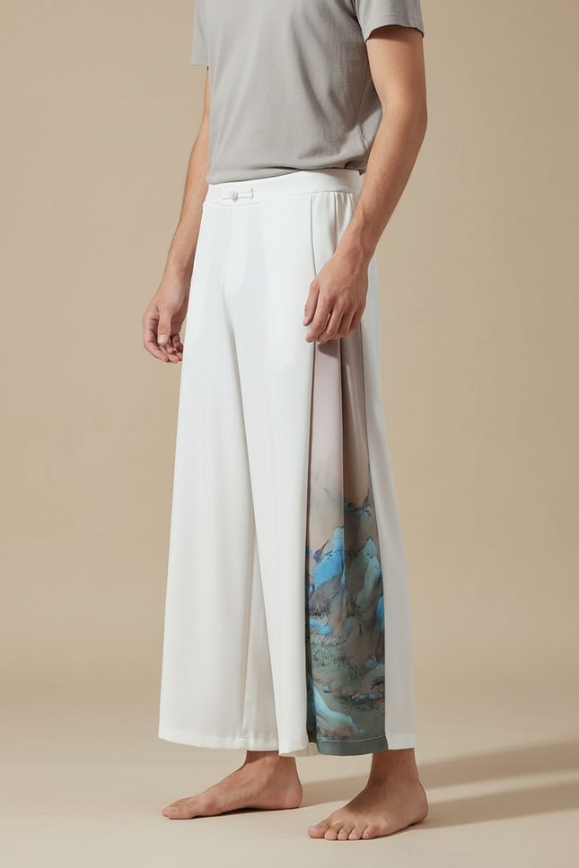 Pantalon Chinois Blanc Ample Soie Imprimé Paysage