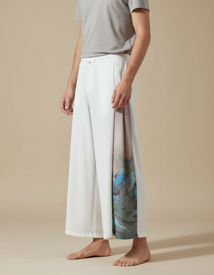 Pantalon Chinois Blanc Ample Soie Imprimé Paysage