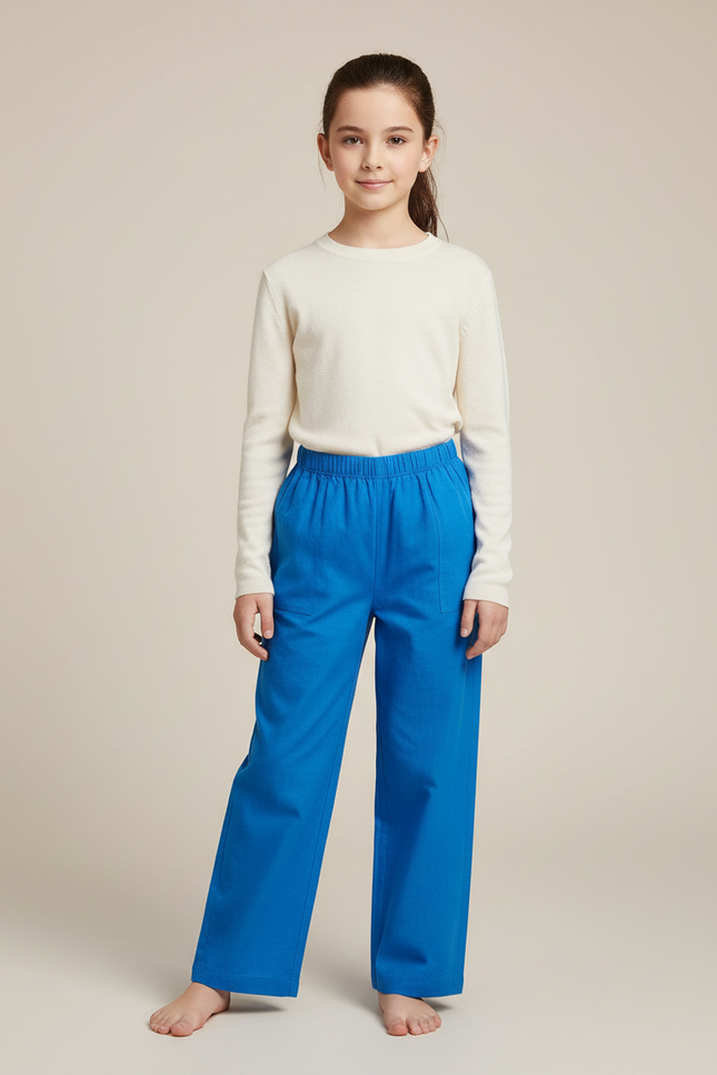 Pantalon Chinois Bleu Ample Élastiqué Fille Coton