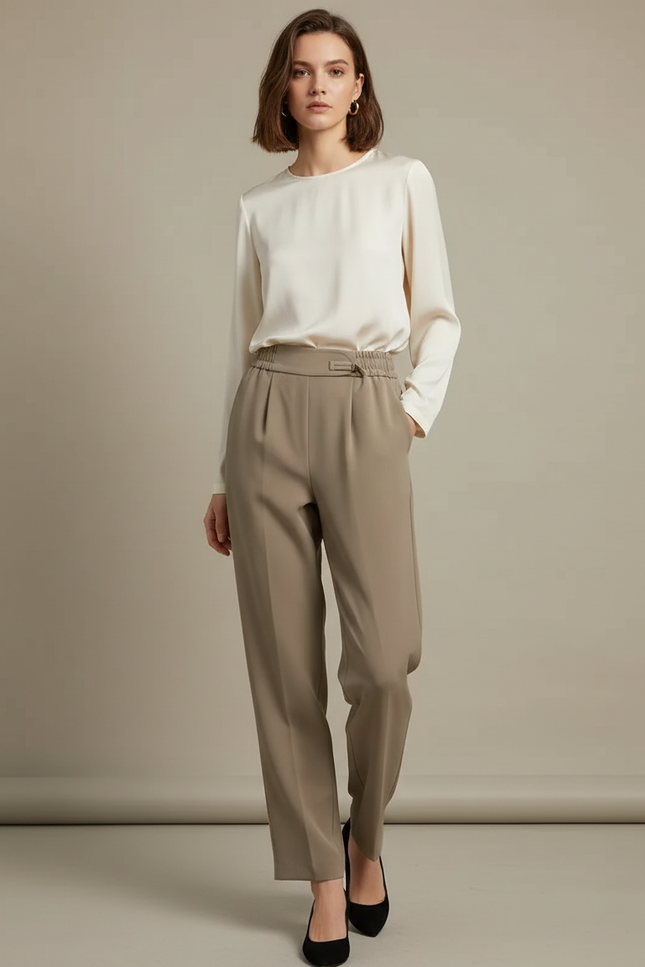 Pantalon Chinois Beige Taille Haute Fluide Élégant - Kaki Polyester