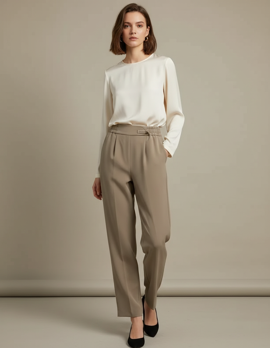 Pantalon Chinois Beige Taille Haute Fluide Élégant - Kaki Polyester