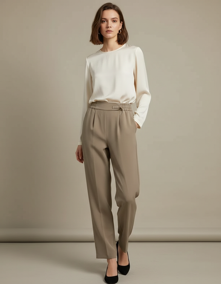Pantalon Chinois Beige Taille Haute Fluide Élégant - Kaki Polyester