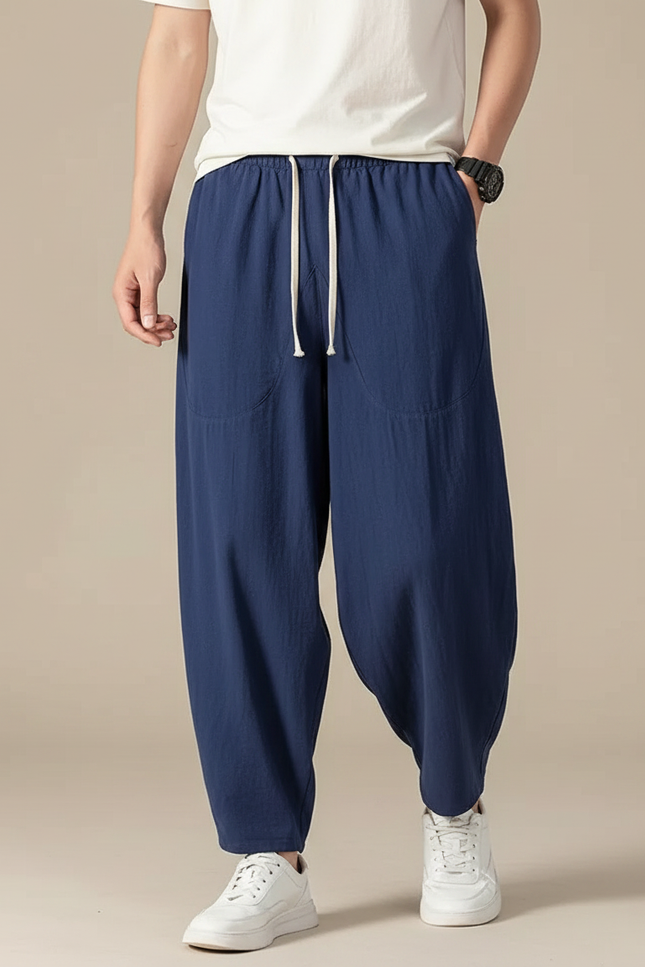 Pantalon Chinois Ample Coton Lin Bleu Marine