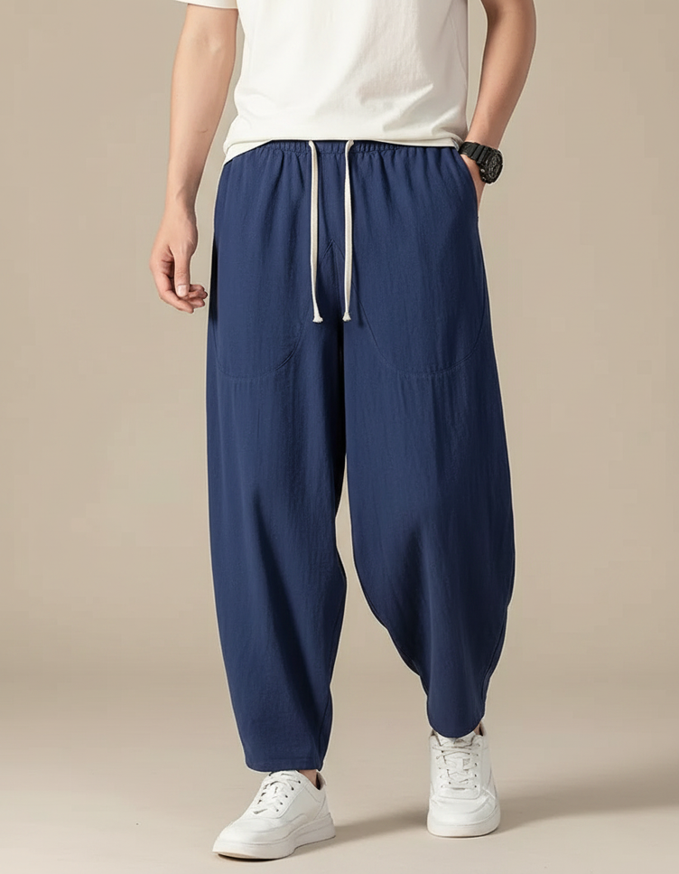 Pantalon Chinois Ample Coton Lin Bleu Marine