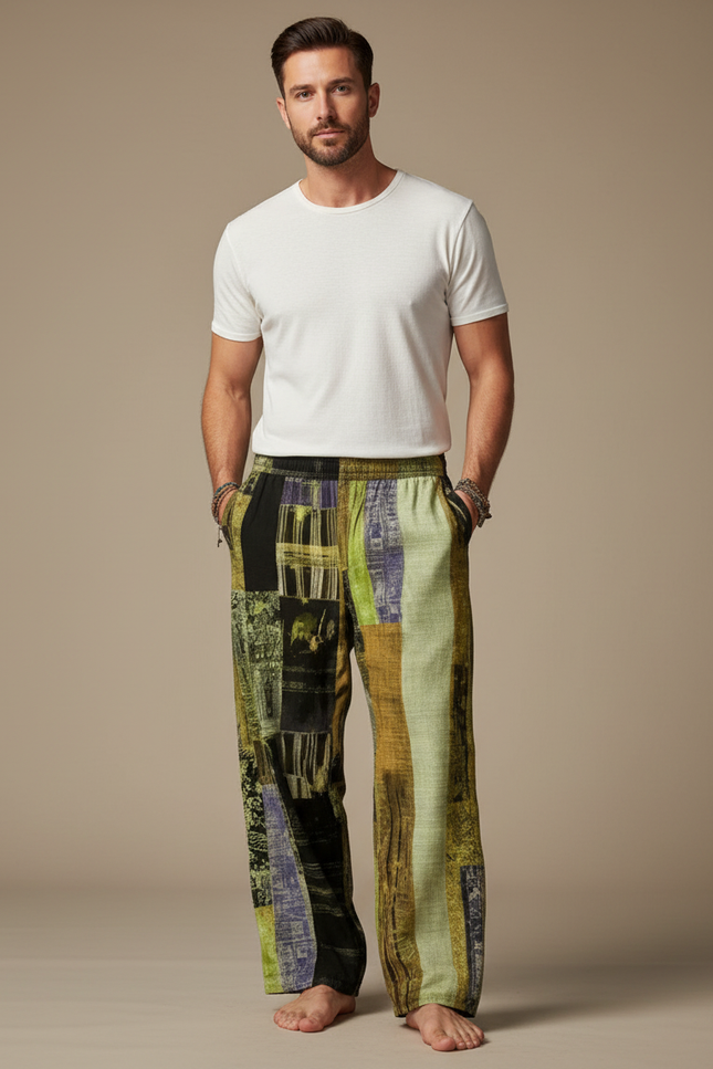 Pantalon Chinois Patchwork Abstrait Ample Lin Homme - Multicolore