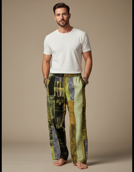 Pantalon Chinois Patchwork Abstrait Ample Lin Homme - Multicolore